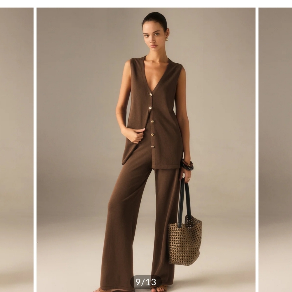 Commense Brown Knit Wide-Leg Pants & Button Vest Set